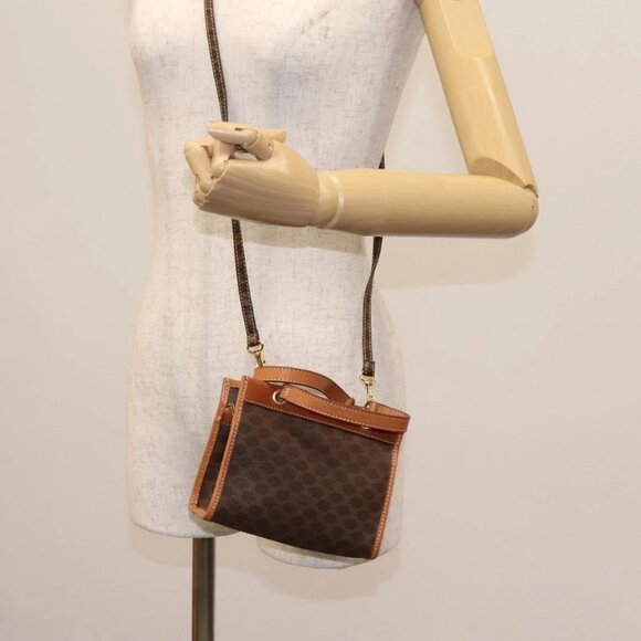 CELINE Macadam Canvas mini Hand Bag PVC Leather 2way Brown Gold Auth - Picture 1 of 16